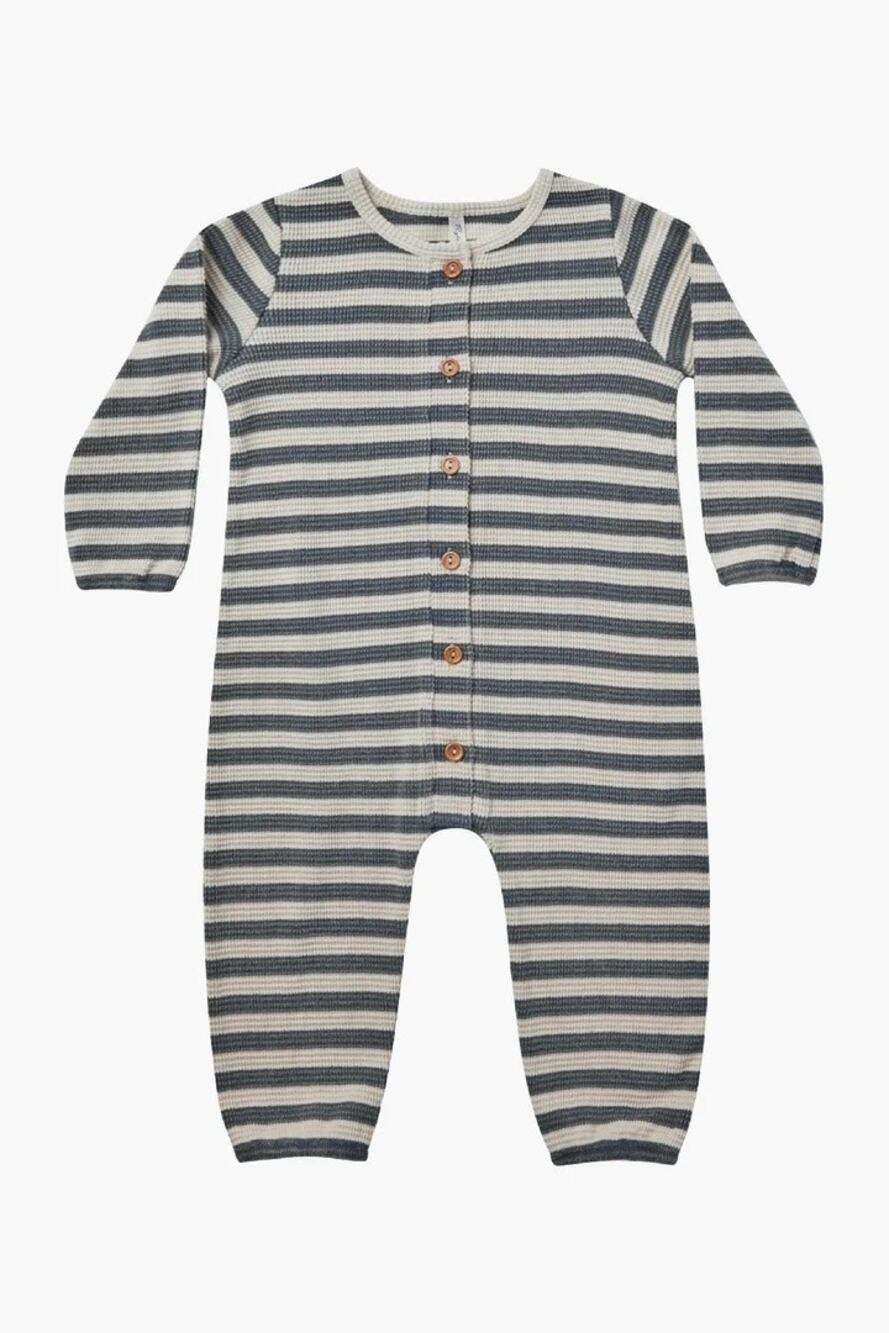 Quincy Mae Grey Off White Striped Button Front Long Sleeve Jumpsuit 18-24 Months